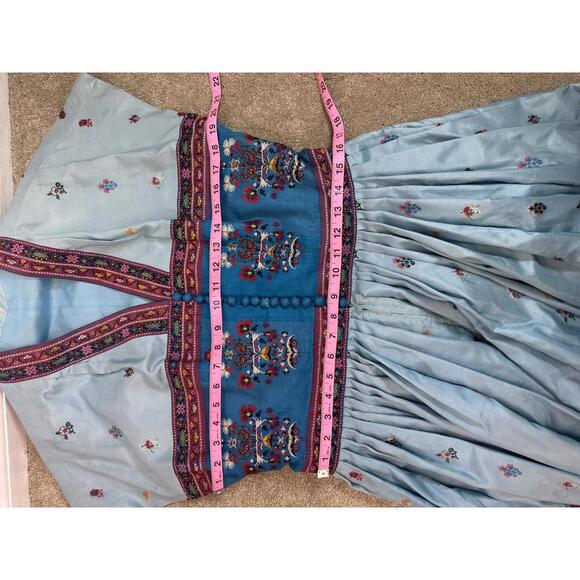 Vtg 1970s Sz M Silk Embroidered Gibson Bayh Pleated Folk Bohemian Peasant Dress - Picture 5 of 8